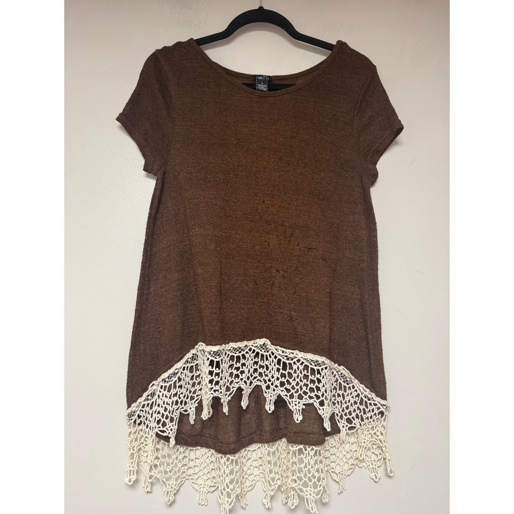 Rue 21 Brown Crochet Lace Trim Tunic Top Shirt Size Medium Short Sleeve